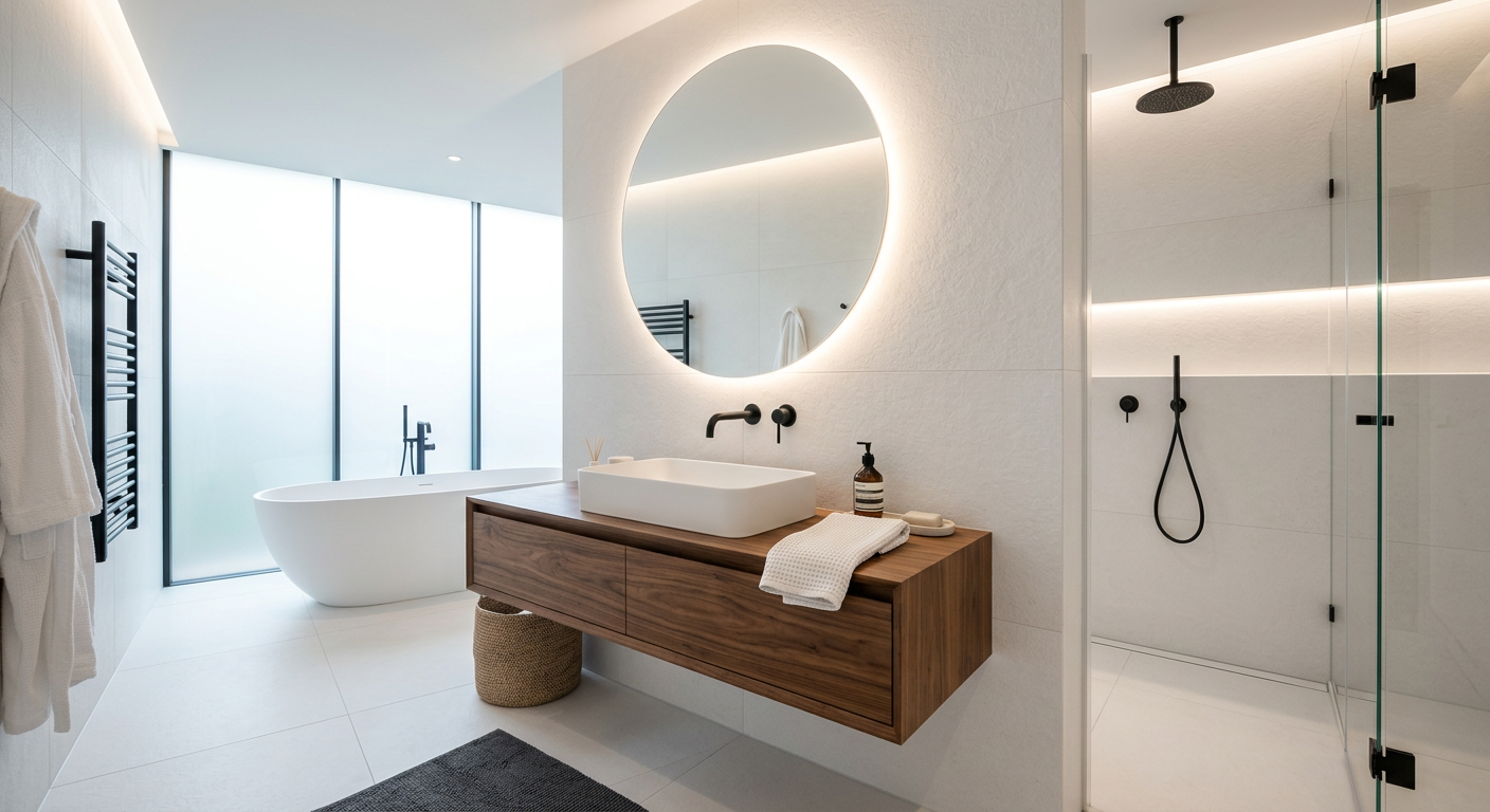 Asma ceviz lavabo dolabı ve siyah armatürlü lüks banyo